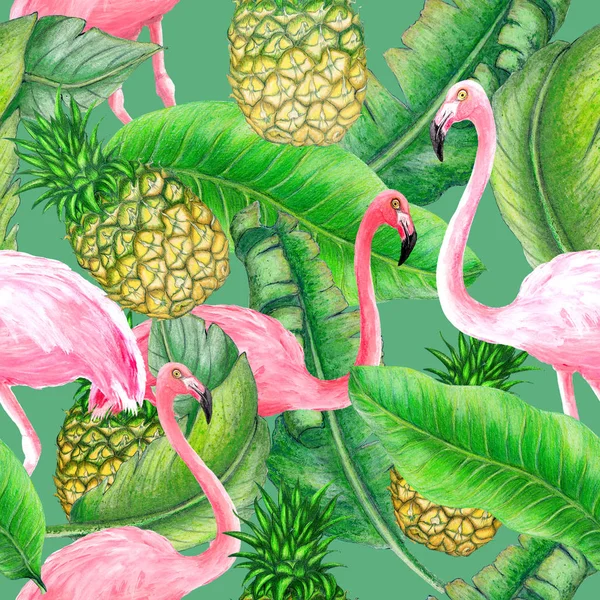 Botanická Bezešvá Struktura Tropických Rostlin Plodů Flamingos — Stock fotografie