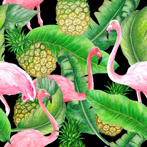 Padrão Botânico Sem Costura Plantas Tropicais Frutas Flamingos — Fotografia de Stock