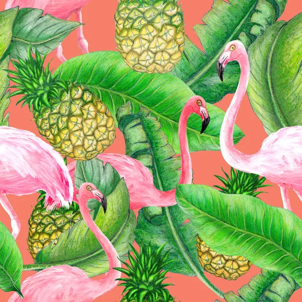 Botanická Bezešvá Struktura Tropických Rostlin Plodů Flamingos — Stock fotografie