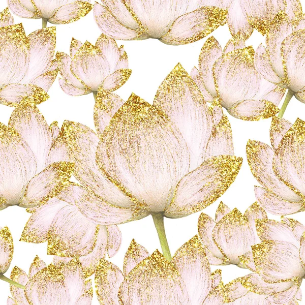 Bezešvé Botanické Vzory Zlatých Lotosových Květů — Stock fotografie