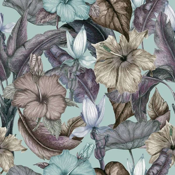 Bezešvé Tropické Vzory Exotických Květin Tropických Listů — Stock fotografie