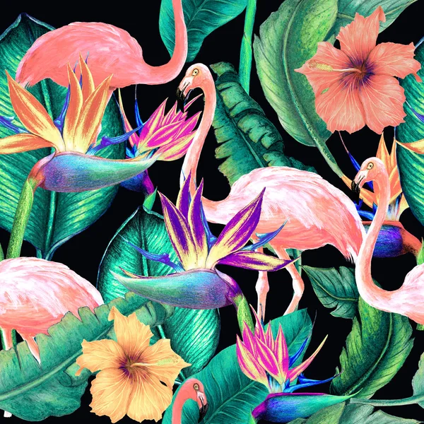 Bezešvé Tropické Vzory Květů Akvarel Plameňáků Listů — Stock fotografie