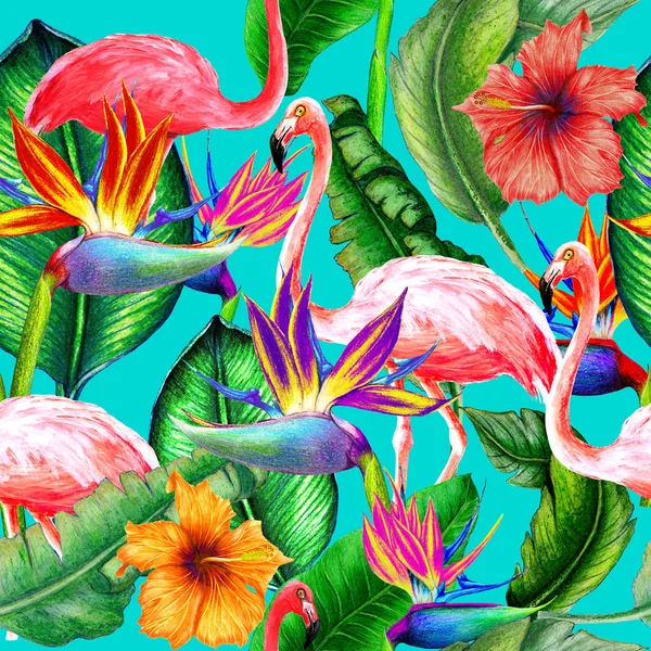 Seamless tropical pattern of watercolor flowers,flamingos and leaves