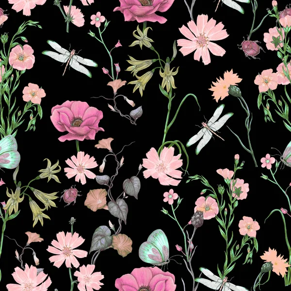 Nahtlose Florale Muster Von Garten Wildblumen — Stockfoto