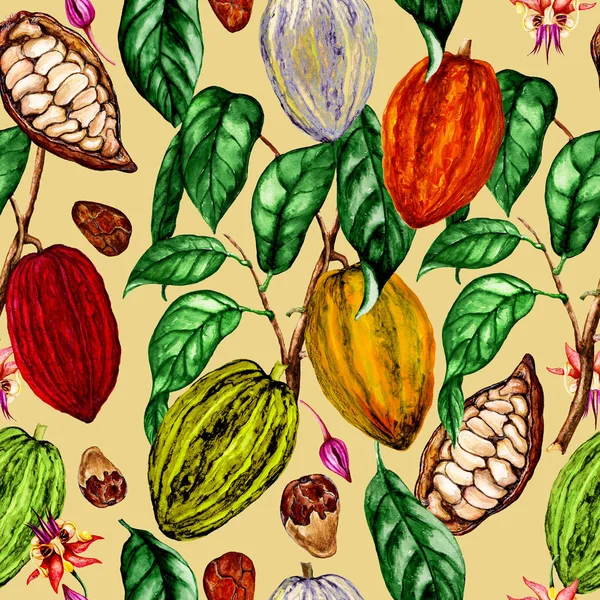 Watercolor seamless pattern of  cocoa plant,cocoa flowers,cocoa beans,cocoa fruits