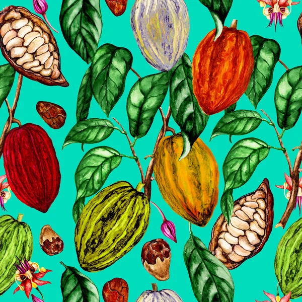 Watercolor Seamless Pattern Cocoa Plant Cocoa Flowers Cocoa Beans Cocoa — Stock Photo, Image