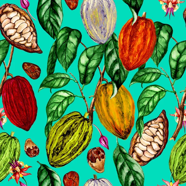 Watercolor seamless pattern of  cocoa plant,cocoa flowers,cocoa beans,cocoa fruits