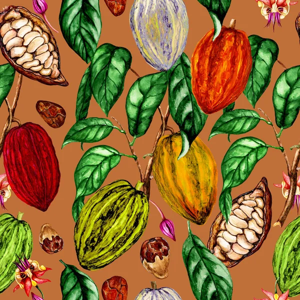 可可植物 可可花 可可豆 可可果的水彩无缝图案 — 图库照片