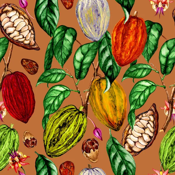 Watercolor seamless pattern of  cocoa plant,cocoa flowers,cocoa beans,cocoa fruits