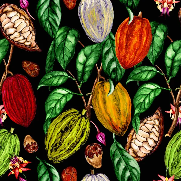 Акварель Бесшовный Рисунок Какао Растения Какао Цветы Какао Бобы Фрукты — стоковое фото