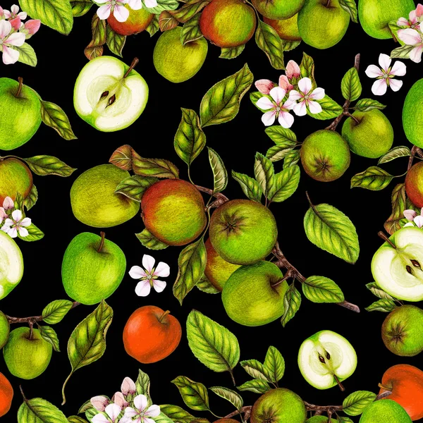 Naadloze Botanische Patroon Van Hand Getrokken Appels — Stockfoto