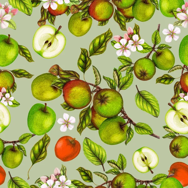 手绘苹果的无缝植物图案 — 图库照片
