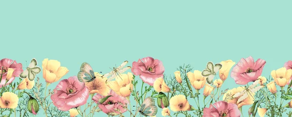 Akvarel Sømløse Banner Akvarel Valmuer Sømløse Blomster Grænse - Stock-foto