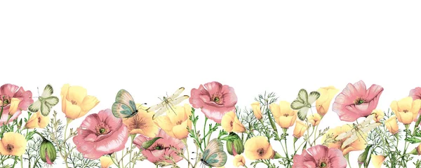 Akvarel Sømløse Banner Akvarel Valmuer Sømløse Blomster Grænse - Stock-foto