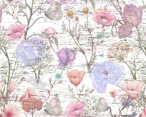 Akvarelové Květy Dřevěné Textuře — Stock fotografie