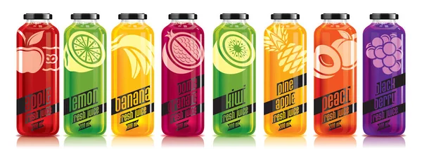 Listo diseño vector jugo, botella de fruta conjunto — Vector de stock