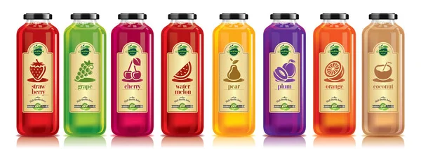 Klaar ontwerp vectorsap, fruit fles set — Stockvector