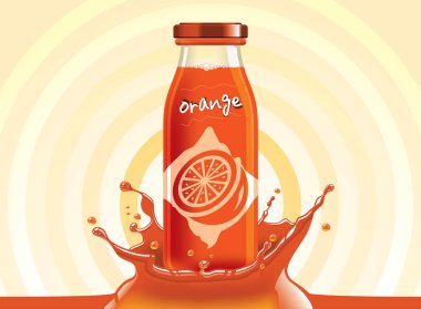 Vektör portakal suyu, damla sıçrama ile meyve cam şişe