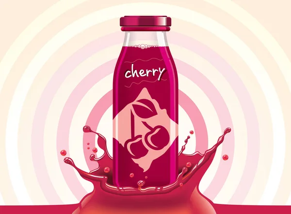 Векторний вишневий сік, фруктова скляна пляшка з краплями — стоковий вектор