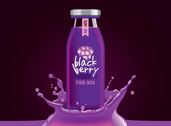 Vector blackberry juice, fruit glass bottle with drop splash — Stock Vector