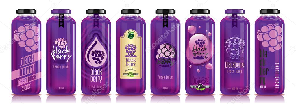 Vector blackberry juice, glass fruit bottle set