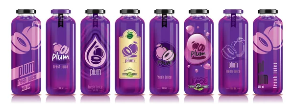 Vector zumo de ciruela, conjunto de botellas de vidrio y fruta — Vector de stock