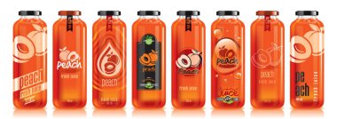 Vektör şeftali suyu, cam meyve şişe seti