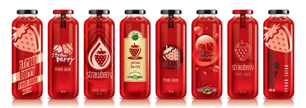 Vector strawberry juice, glass fruit bottle set — Stock Vector