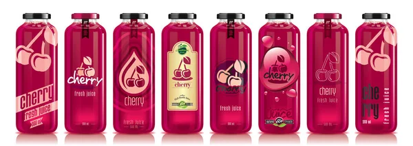 Wektor wiśniowy sok, zestaw szklanych butelek owoców — Wektor stockowy