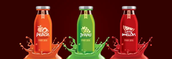 Conjunto de botellas de salpicadura de jugo de fruta, diseño de pegatina . — Vector de stock