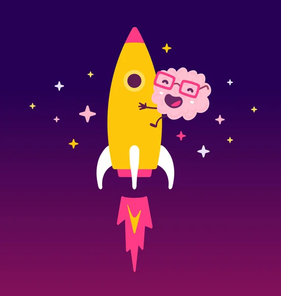 Vector Illustration Pink Color Smile Brain Glasses Flying Rocket White — Stock Vector