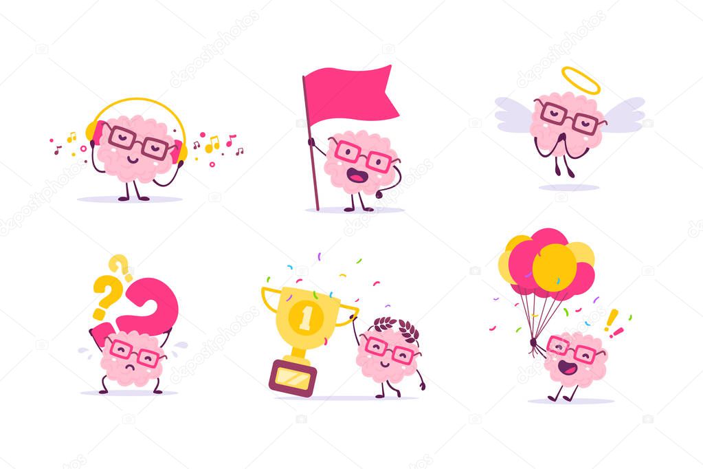 Vector set of illustration of pink color smile brain with glasses in different poses on white background. Cartoon brain concept. Doodle style. Flat style design of character brain for education theme