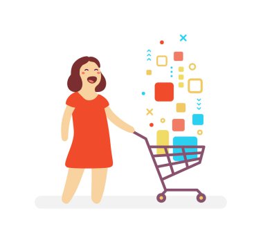 Alışveriş karikatür karakter kavramı. Mutlu kadın ve beyaz arka plan üzerinde dijital ürün ile alışveriş arabası vektör Illustration. Web, afiş, iş sunumu için düz stil tasarım