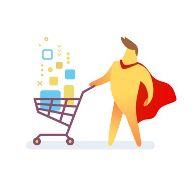 Kırmızı pelerini ile sarı renk süper adam ve beyaz arka plan üzerinde dijital ürün ile alışveriş arabası vektör Illustration. Alışveriş karikatür karakter kavramı. Web, afiş, iş sunumu için lider kişi düz stil tasarımı