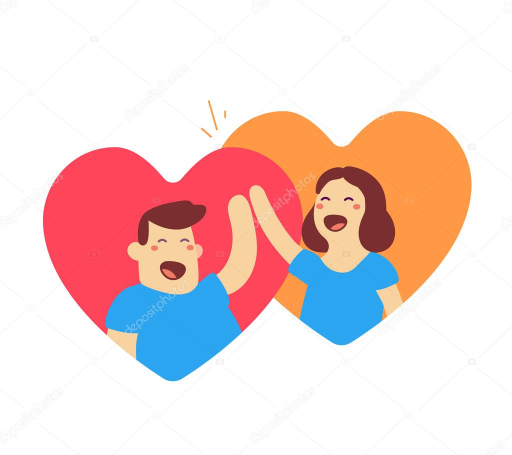 Vector illustration of happy man and woman in heart shape with raised arm high five on white background. Greeting cartoon character concept. Flat style design for web, banner, valentine day card