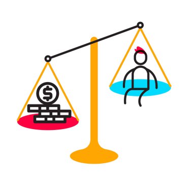 Vektör iş çizim Adalet ve para ölçekler üzerinde oturan bir adam. Değerlendirme insan kaynakları yaratıcı doğrusal kavramı. Düz çizgi sanat stil tasarlamak web, site, afiş, poster, tanıtım için