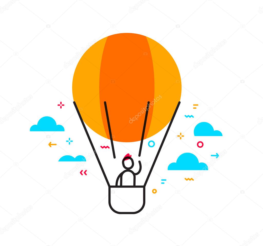 Vector business illustration of a man flying on air balloon. Time to adventure creative linear concept. Flat line art style design for web, site, banner, poster, presentation