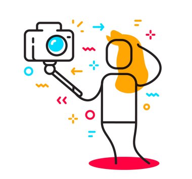Vektör çizim bir stick kullanarak selfie alarak güzel bir kız. Güzel poz karakter fotoğraf doğrusal kavramı alarak. Düz çizgi sanat stil tasarlamak web, site, afiş, poster için