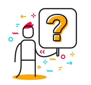 Vektör iş çizim soru işareti bulunan bir işaret tutan bir adam. Çözüm sorunu lineer kavramı için arayın. Düz çizgi sanat stil tasarlamak web, site, afiş, poster için