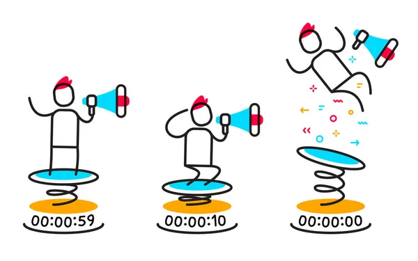 メガホン ポーズ線形概念におけるリーダーシップのセット 男が大声でスピーカーにジャンプする準備ができてから怒鳴っているのベクトル ビジネス イラスト Web サイト バナー ポスター プレゼンテーションのフラット — ストックベクタ