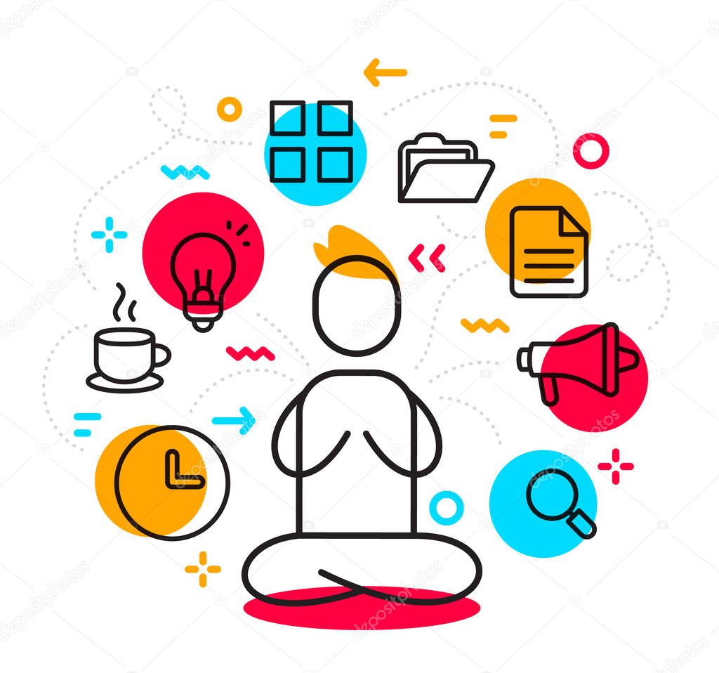 Vector business illustration of man meditating in lotus pose with icon. Yoga time management and problem solving linear concept. Flat line art style design for web, site, banner, poster