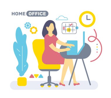 Kadın, bitki ile vektör çizim rengi yan görünüm iç ev ofis Oda çalışma alanının. Düz stil tasarım işçi ve soyut işyeri, ofis bölümü web için banner