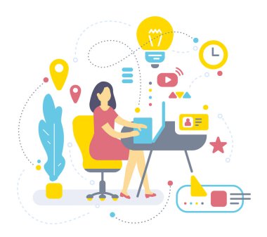 Yan görünümü iç ev ofis Oda çalışma alanı kadın, bitki, simge ve renk vektör Illustration. Düz stil tasarım işçi ve soyut işyeri, ofis bölümü web için banner