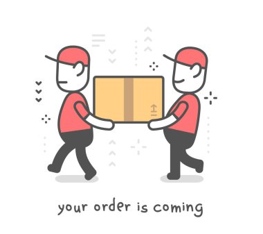 Hızlı teslimat Servisi. Vektör yaratıcı çizim kutusu tutan kap ile kırmızı üniformalı iki teslim mutlu adam. Düz çizgili sanat stil tema web için banner