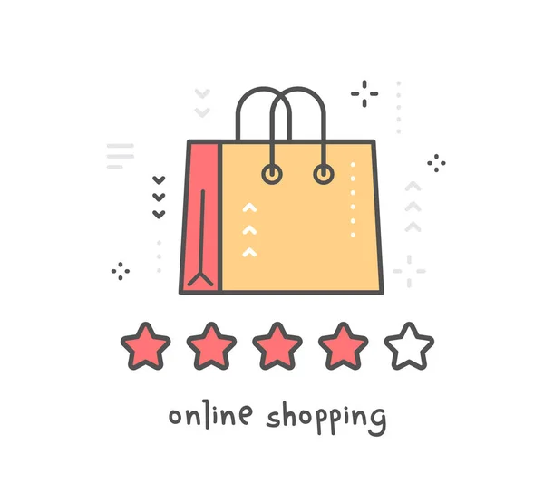 ベクトル星白い背景の上に赤と黄色の漫画ショッピング バッグの創造的なイラスト オンライン ショッピング サービスです フラット ライン アート スタイルのデザイン Web — ストックベクタ