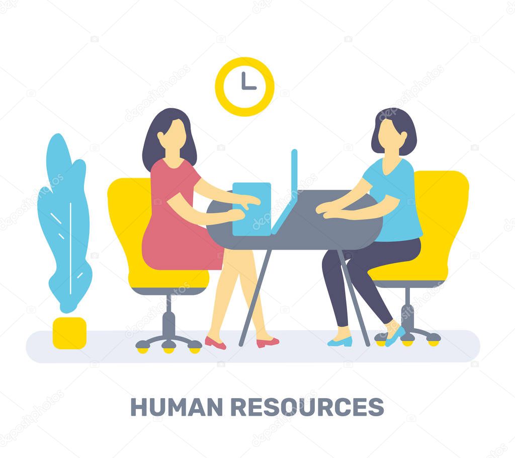 Vector color illustration of two woman are sitting at table on chair, plant and clock. Human resources concept. Flat style design of job interview for web, site, banner
