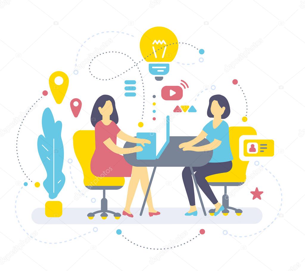 Vector color illustration of two woman are sitting at table on armchair, plant, icon, light bulb. Brainstorm concept. Flat style design of job interview for web, site, banner