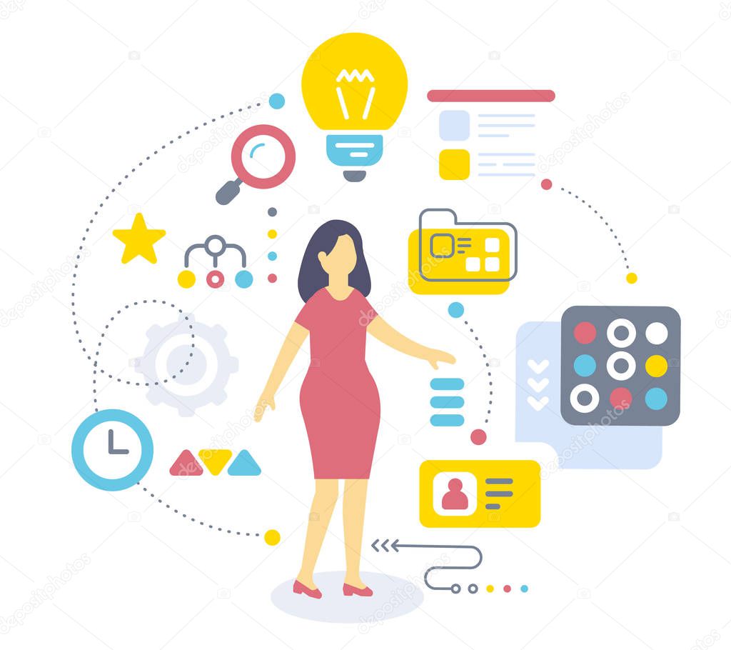 Vector color illustration of standing business woman and icon on white background. Flat style design of office worker for web, site, banner, presentation