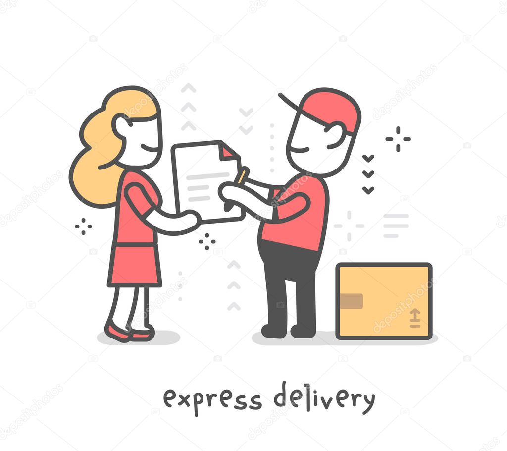 Vector creative illustration of delivery happy man in red uniform with cap and client sign a delivery document. Express delivery of parcel service. Flat line art style design for web, banner