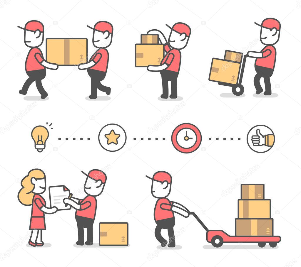 Vector creative set of illustration of delivery happy man in red uniform with boxes in different poses and icon. Fast delivery service. Flat line art style design for web, banner